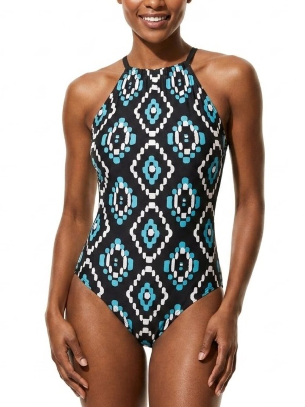 Jones New York Mod Geometric High Neck One Piece Swimsuit Cyan Black White 12